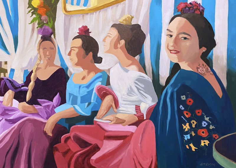 A colorful impressionistic painting by Michael Anderson titled Girl With a Rose Tattoo, measuring 20 x 28 x 1 inch. The artwork features four women dressed in elegant, flowing flamenco-style dresses in shades of blue, pink, and purple, adorned with floral hairpieces. They are seated in a row against a blue-and-white striped fabric backdrop, engaged in conversation. The woman in the foreground, wearing a deep blue dress with embroidered floral patterns, turns toward the viewer with a confident smile, revealing a delicate rose tattoo on the back of her neck. The artist's signature is visible in the lower right corner.